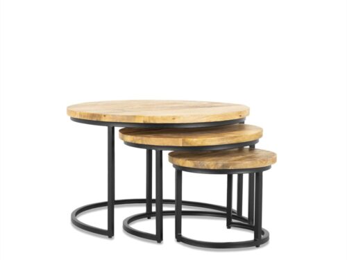 Salontafel Staurone Zwart set van 3, rond mangohout en zwart stalen onderstel