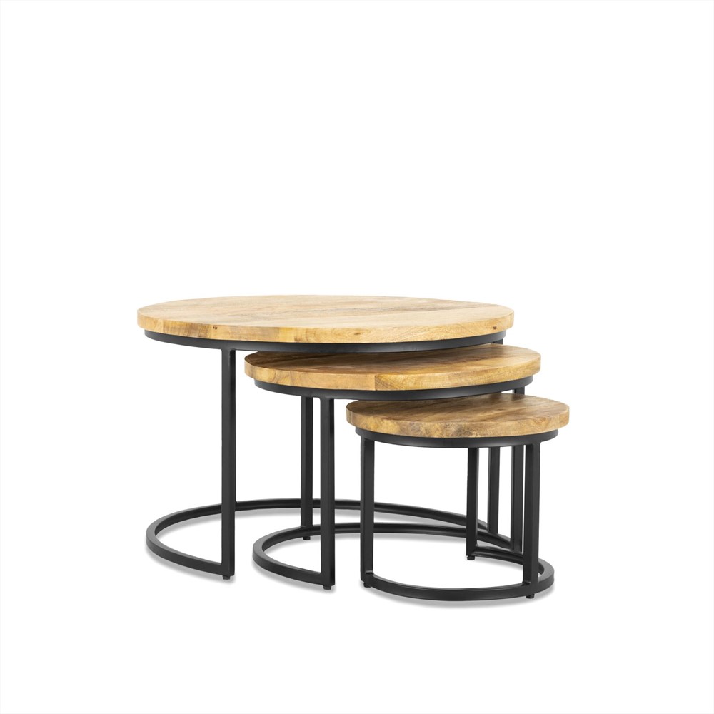 Salontafel Staurone Zwart set van 3, rond mangohout en zwart stalen onderstel