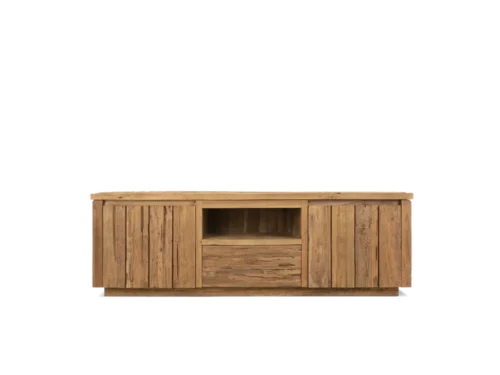 TV-meubel Geenum van gerecycled teak met twee deuren, lade en open vak in warm, robuust design