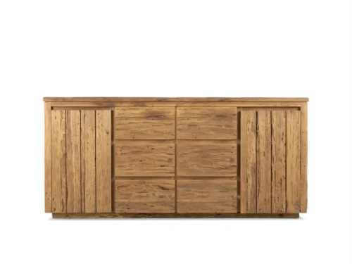 Dressoir Skeetil van gerecycled teakhout met zes lades en twee deuren, robuust en minimalistisch design