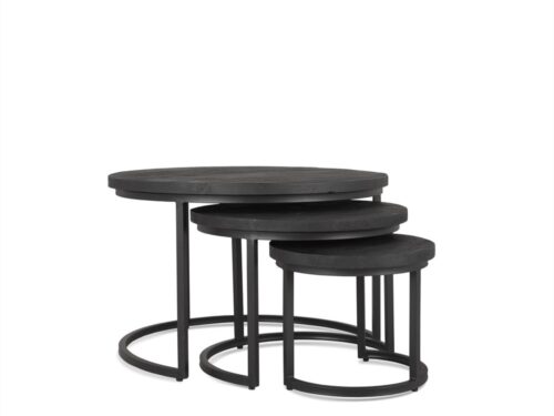 Salontafel Slaurda zwart 40 cm, set van 3 ronde tafels met licht geborsteld hout en metalen onderstel