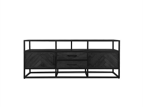 TV-meubel Trundy Zwart van mangohout met visgraatmotief, twee deuren en twee lades, strak zwart design