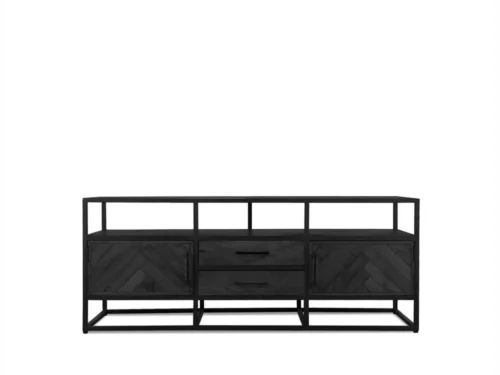 TV-meubel Trundy Zwart van mangohout met visgraatmotief, twee deuren en twee lades, strak zwart design