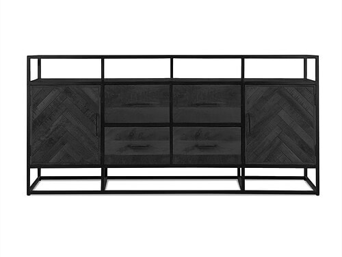 Dressoir Brildona Zwart met mangohout, visgraatpatroon, zwart stalen frame, 4 laden en 2 deuren