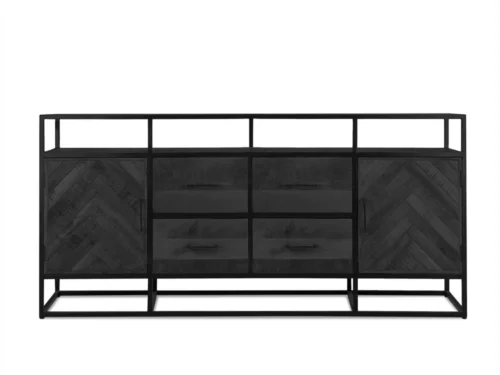 Dressoir Brildona Zwart met mangohout, visgraatpatroon, zwart stalen frame, 4 laden en 2 deuren