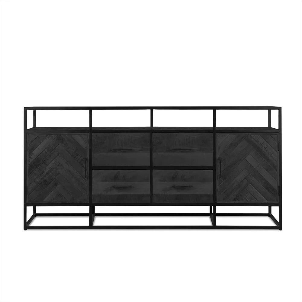 Dressoir Brildona Zwart met mangohout, visgraatpatroon, zwart stalen frame, 4 laden en 2 deuren