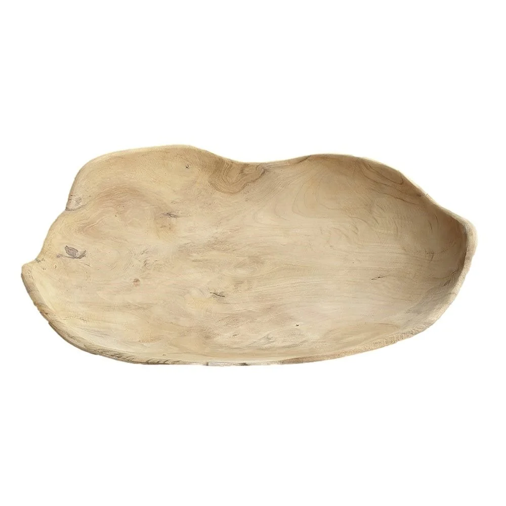 Schaal Messio Teak Naturel, natuurlijke houten decoratieschaal met organische vorm en rustieke uitstraling