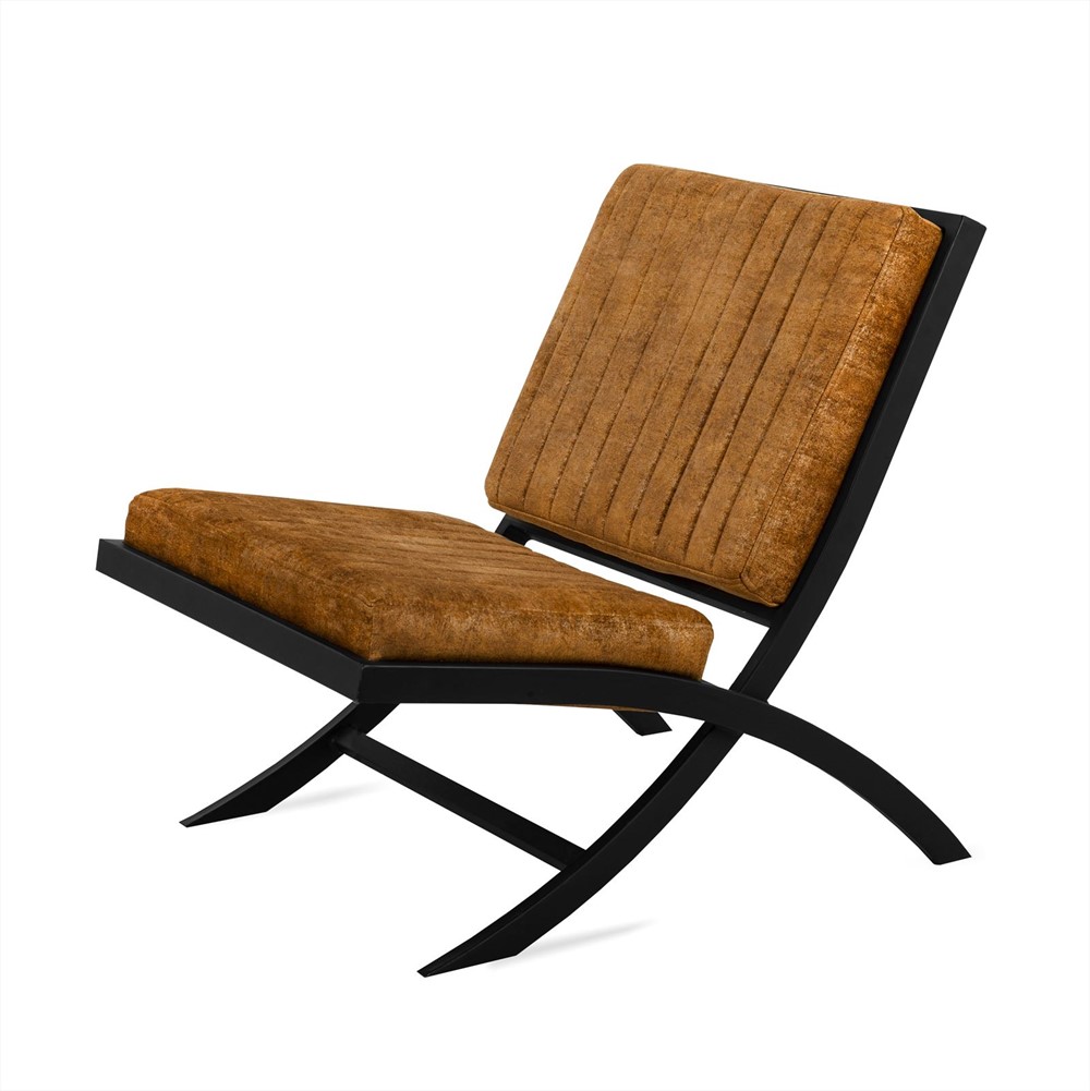 Fauteuil Skundello cognac met zwarte metalen frame en gewatteerde zitting en rugleuning