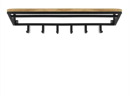 Kapstok Vannon met houten plank, 6 haken en zwart metalen frame voor hal of entree