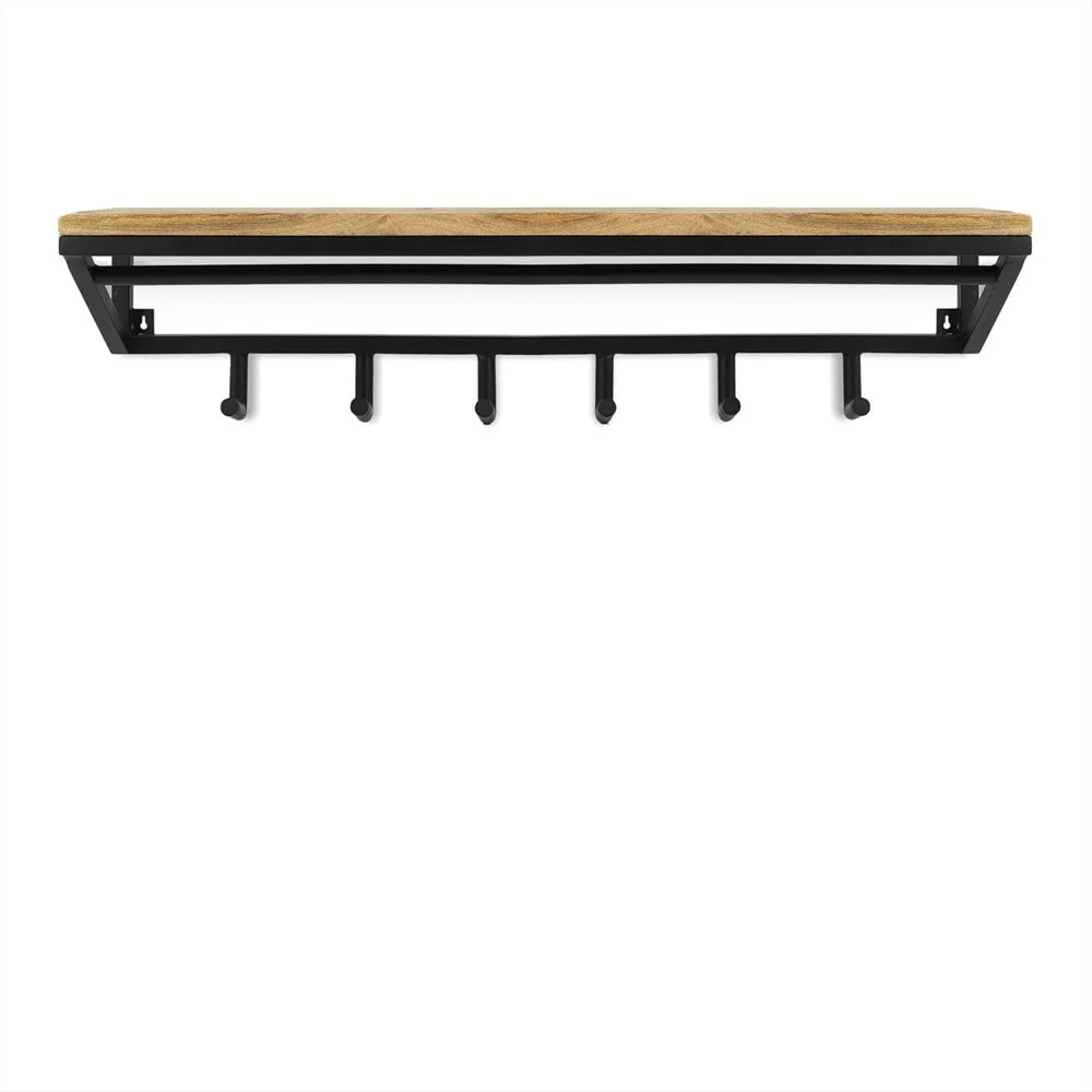 Kapstok Vannon met houten plank, 6 haken en zwart metalen frame voor hal of entree