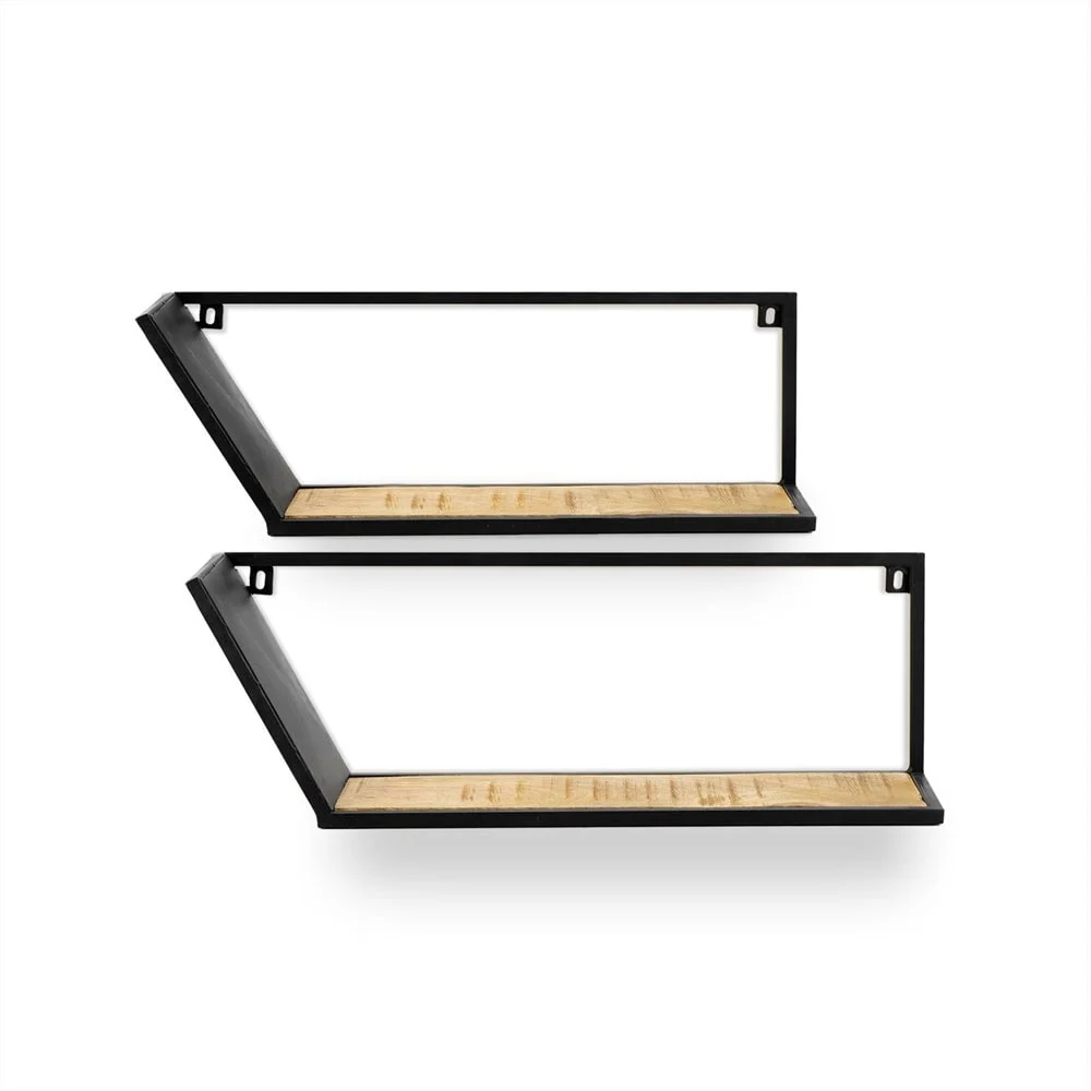 Wandrek Treedund set van 2, zwart met houten plank, compact en modern voor extra opbergruimte