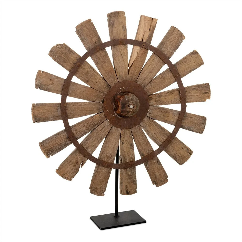 Beeld Corte set van 2: rustieke houten sculptuur met metalen ring en zwarte voet, 60 cm hoog