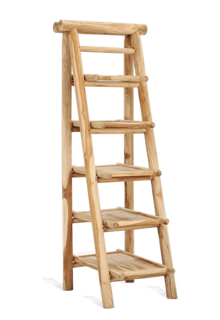 Ladderkast Doondil van jong teak met slanke vorm en vijf planken, warme natuurlijke uitstraling
