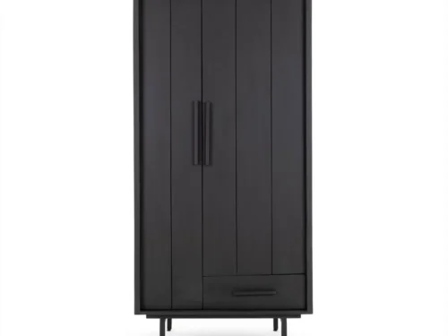 Kledingkast Klaanni zwart van mangohout met midcentury look, smal deurtje, lades en slanke poten