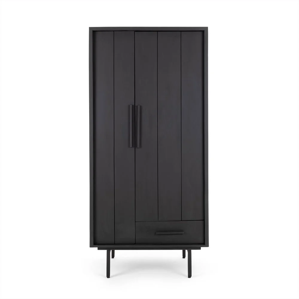 Kledingkast Klaanni zwart van mangohout met midcentury look, smal deurtje, lades en slanke poten