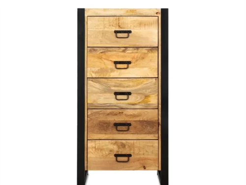 Ladekast Praardis van hout met 5 lades en zwarte zijpanelen, compacte hoge opbergkast in naturel afwerking