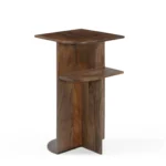 Banktafel Zoondero Bruin van walnoothout met rond blad en extra opbergvak, warm en praktisch ontwerp