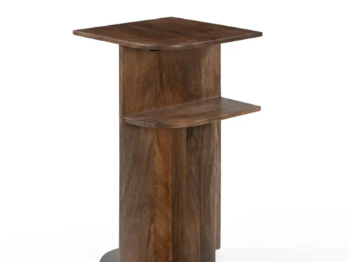 Banktafel Zoondero Bruin van walnoothout met rond blad en extra opbergvak, warm en praktisch ontwerp