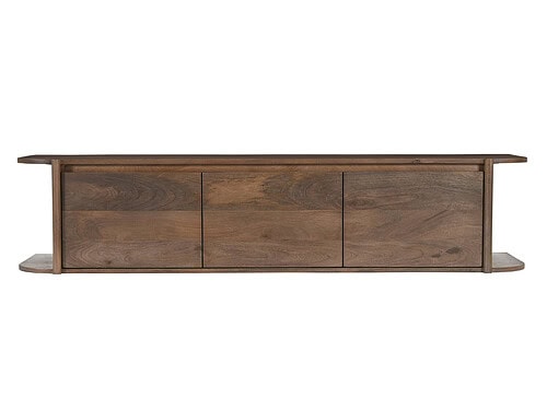 TV-meubel Griskena bruin massief mangohout, zwevend ontwerp met drie laden en warme houtnerf