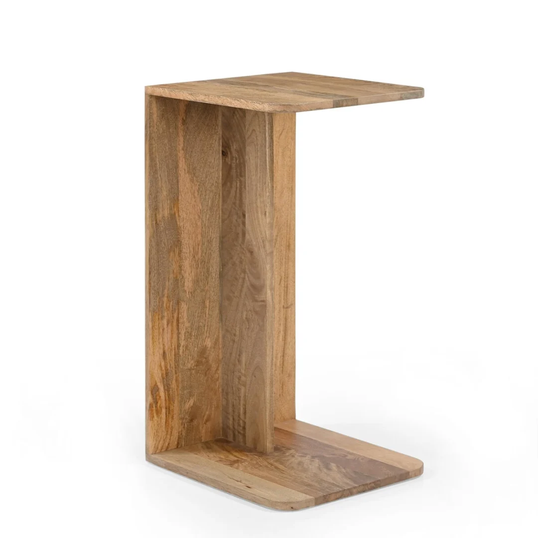 Banktafel Malvena Naturel van hout met strakke, ronde lijnen en warme natuurlijke afwerking