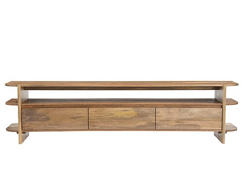 TV-meubel Baarmoro Naturel van mangohout met open vak en drie lades, strak en minimalistisch design