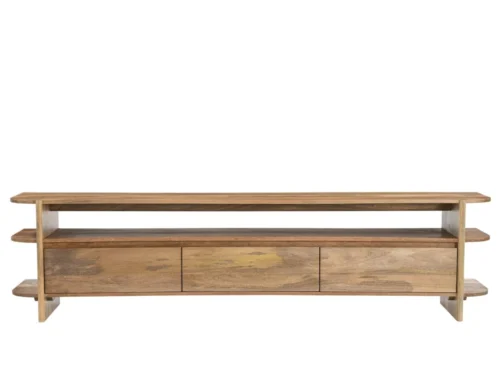 TV-meubel Baarmoro Naturel van mangohout met open vak en drie lades, strak en minimalistisch design
