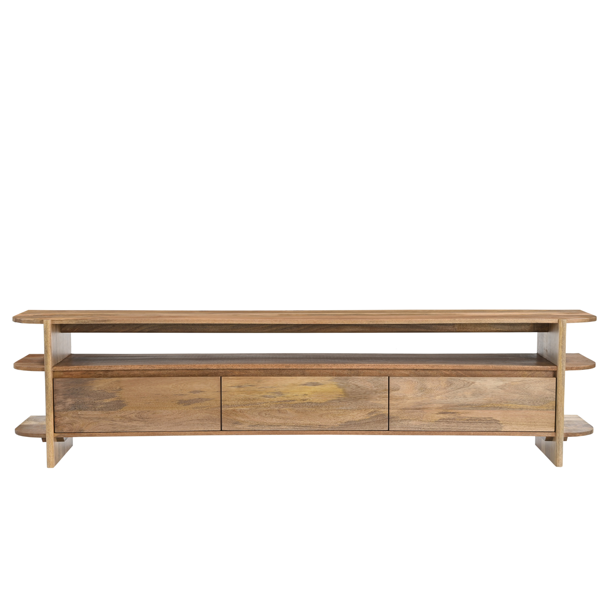 TV-meubel Baarmoro Naturel van mangohout met open vak en drie lades, strak en minimalistisch design