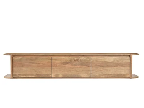 TV-meubel Flaskund Naturel van massief mangohout met zwevend ontwerp en drie discrete laden
