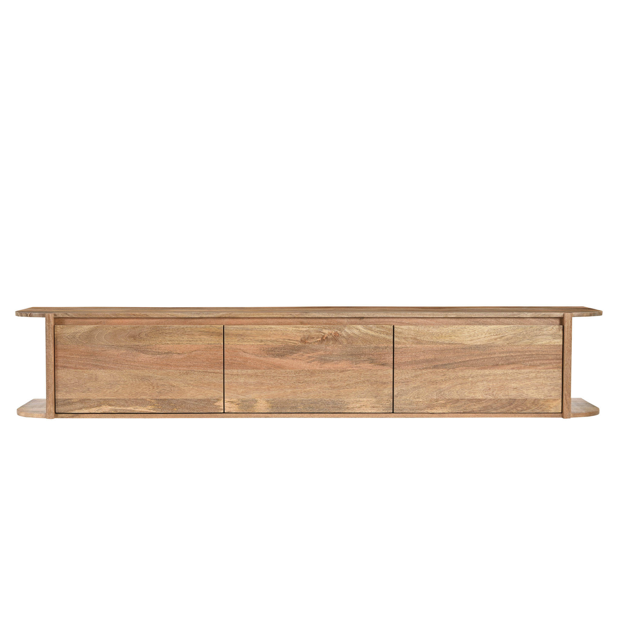 TV-meubel Flaskund Naturel van massief mangohout met zwevend ontwerp en drie discrete laden