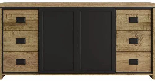 Dressoir Priedine zwart met mangohout, 6 lades en schuifdeuren, strak en ruim opbergmeubel