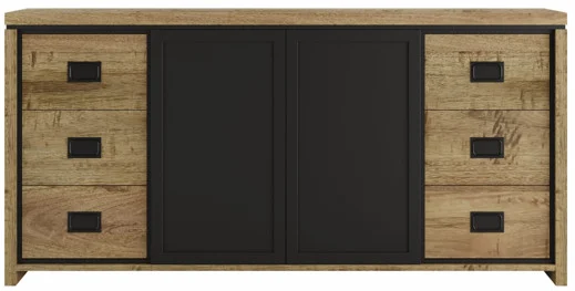 Dressoir Priedine zwart met mangohout, 6 lades en schuifdeuren, strak en ruim opbergmeubel