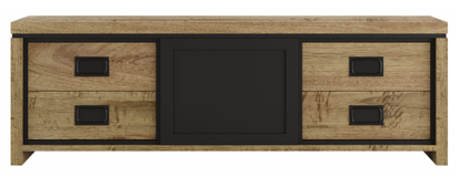 TV-meubel Nooldun zwart met massief mangohout, stalen schuifdeur en vier lades in industrieel design