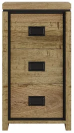 Ladekast Sleilla Naturel van mangohout met drie lades en zwarte metalen handgrepen, compact en modern ontwerp