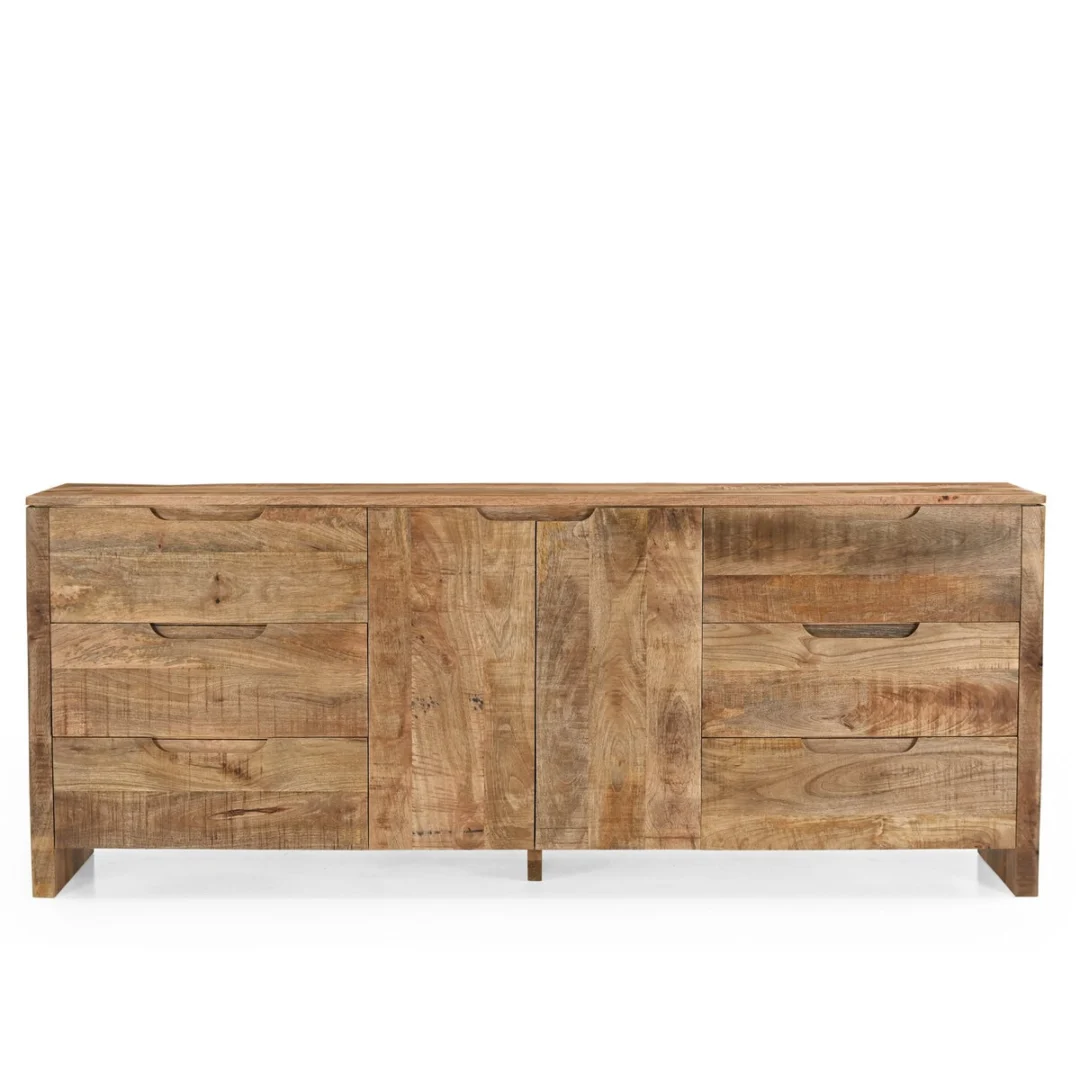 Dressoir Haassund van mangohout met zes lades en twee deuren, ruim opbergmeubel met natuurlijke houtlook