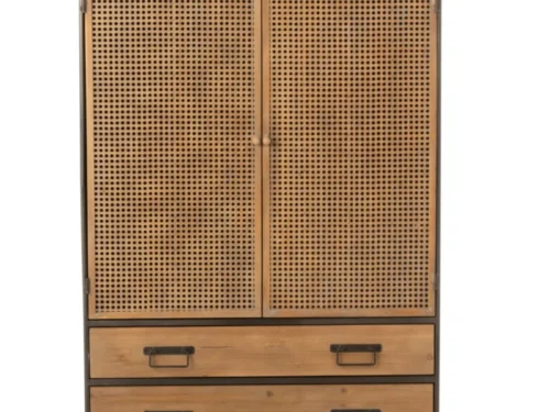 Kast Voldano Naturel met zwart metalen frame, rotan deuren en drie laden