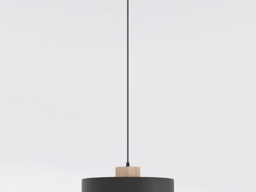 Hanglamp Dronryp Zwart met zwarte dubbelwandige kap, houtaccent en slank Scandinavisch ontwerp