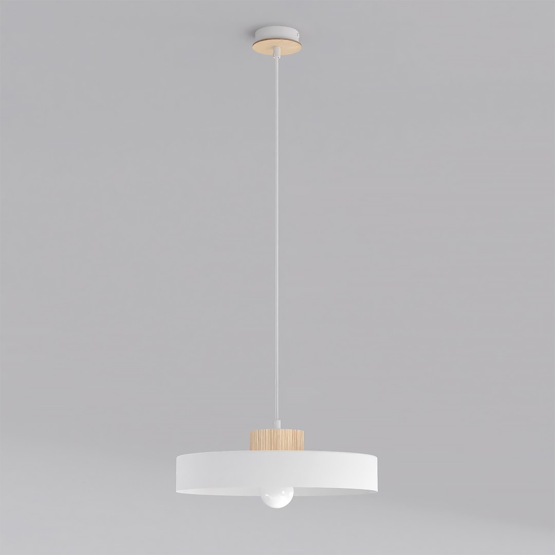 Hanglamp Sleimmar Wit met Scandinavisch ontwerp, witte afwerking en houtaccent boven een ronde kap