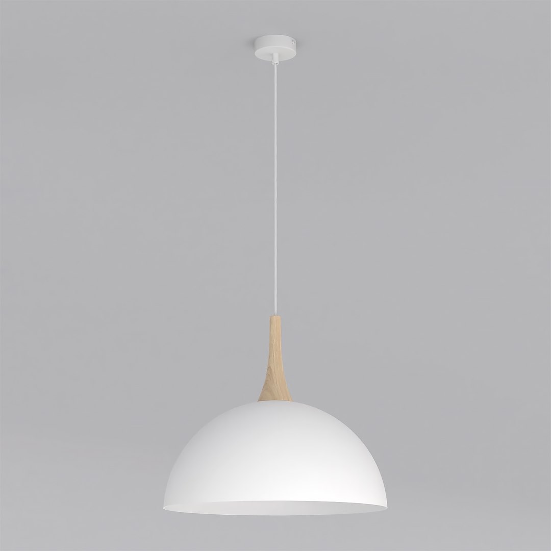 Hanglamp Bierona Wit met Scandinavische look, verstelbare hoogte, witte stalen kap en houten detail