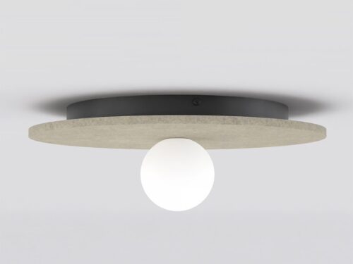 Plafondlamp Peisto Beige met ronde beige viltkap, zwart staal en witte bol, in boho stijl