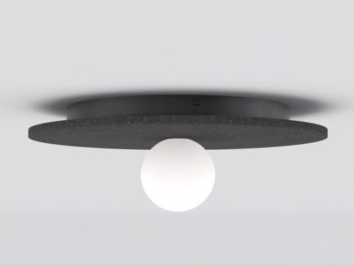 Plafondlamp Greentone Zwart met zwarte vilten kap en wit glazen bol, strak en sfeervol design