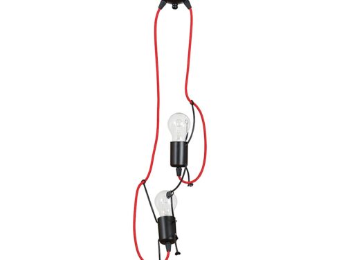 Hanglamp Klaumma zwart met rode kabels, verstelbare hoogte en twee zichtbare lichtbronnen
