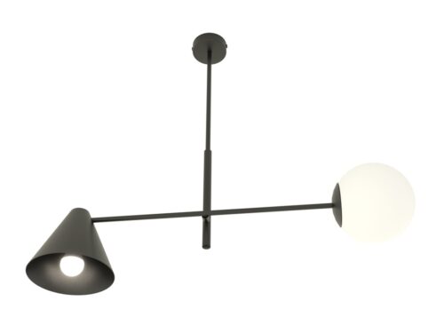 Kroonluchter Heeldi Zwart Ø15 cm met twee lampenkappen, zwart staal en wit glas, modern en asymmetrisch