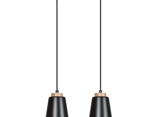 Hanglamp Stiensio Zwart met twee zwarte kappen, houtaccent en verstelbare hoogte voor een Scandinavische look