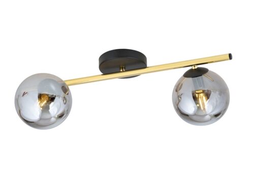Plafondlamp Braustoro Zwart Ø14 cm met gouden arm en twee smoke glazen bollen