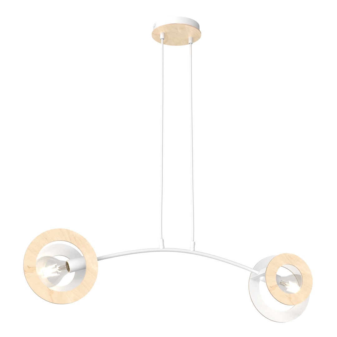 Hanglamp Trinel Wit Ø20 cm met verstelbare kabel, wit staal en hout, Scandinavisch design met 2 lichtpunten
