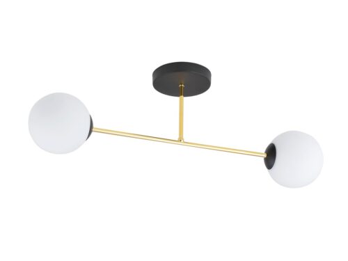 Plafondlamp Dooke zwart Ø14 cm met goudkleurige arm en twee witte glazen kappen