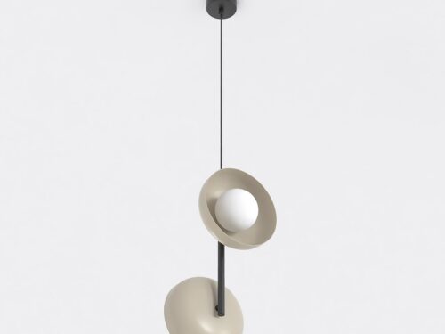 Hanglamp Seirdak Wit Ø10 cm met twee geometrische beige kappen en witte bol, minimalistisch design