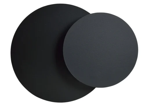 Wandlamp Slaamo Zwart met twee ronde platen van gepoedercoat staal en multiplex, compact en grafisch ontwerp