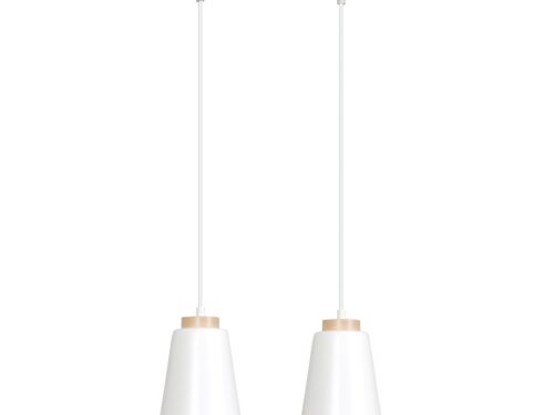 Hanglamp Trendy Wit met twee witte kappen, houten details en verstelbare ophanging, Scandinavische stijl