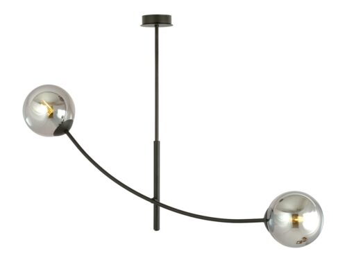 Plafondlamp Pautand zwart Ø14 cm met gebogen arm en twee grafietkleurige glazen bollen